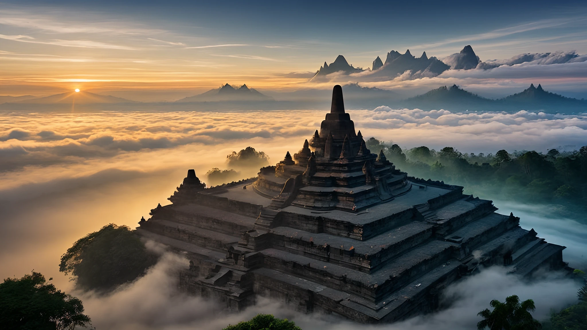 Porträt des Gebäudekomplexes Candi Buddha, Epos, Nebel, Dämmerung, dramatische Beleuchtung, schwachem Licht, Berge, Wald, Cliff,  advntr