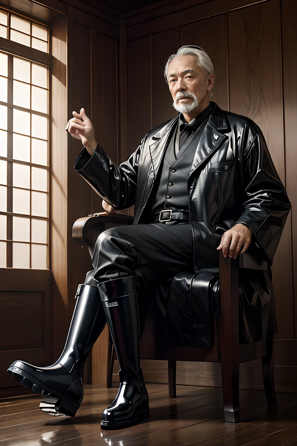 Old gentleman with a goatee，sit on chair，Black high-gloss rain boots, 8K resolution,Wallpaper masterpiece，Best quality，Highly meticulous，Ultra high quality，The midday sun is a bit dazzling。