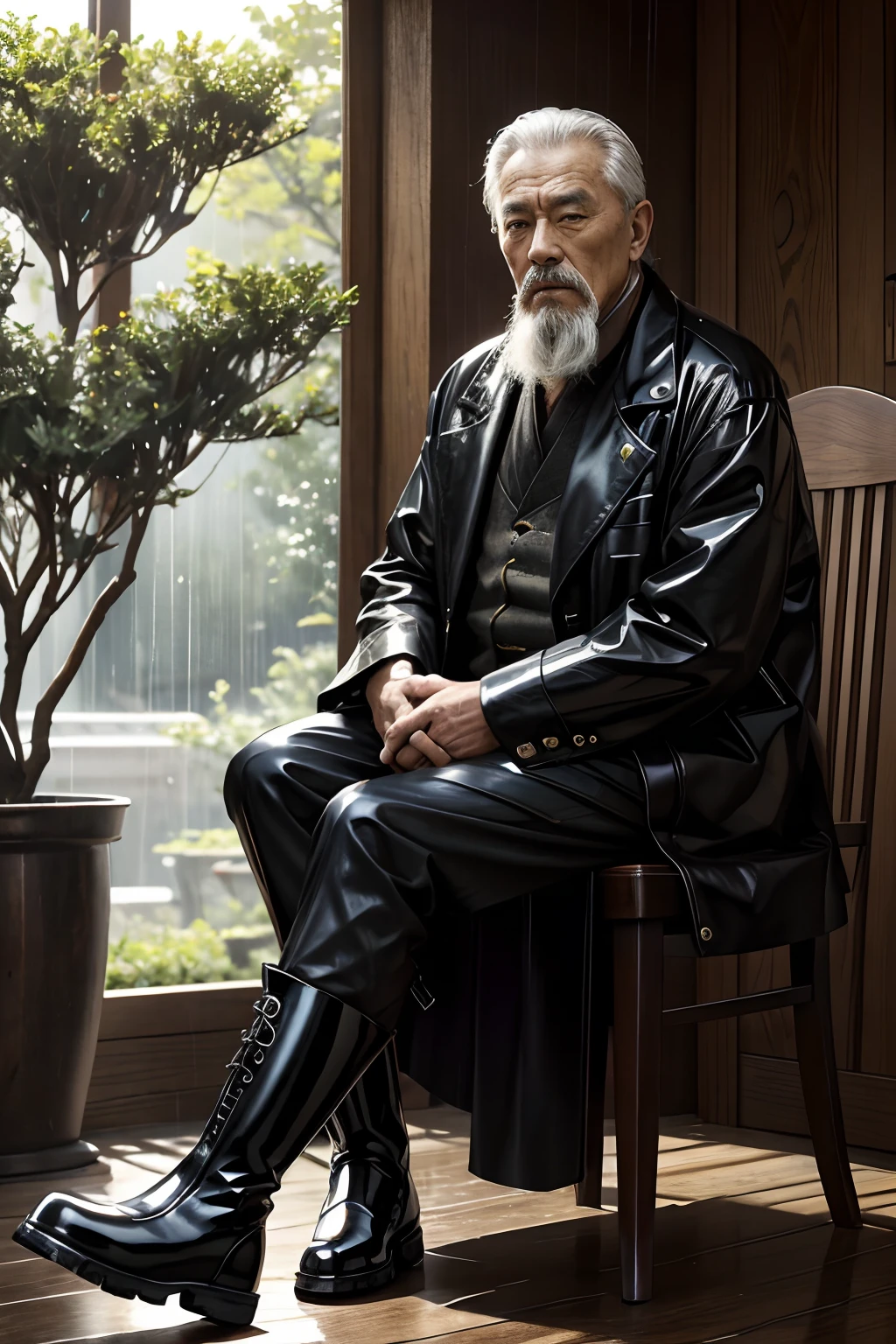 Old gentleman with a goatee，sit on chair，Showing off his boots，Black high-gloss rain boots, 8K resolution,Wallpaper masterpiece，Best quality，Highly meticulous，Ultra high quality，The midday sun is a bit dazzling。