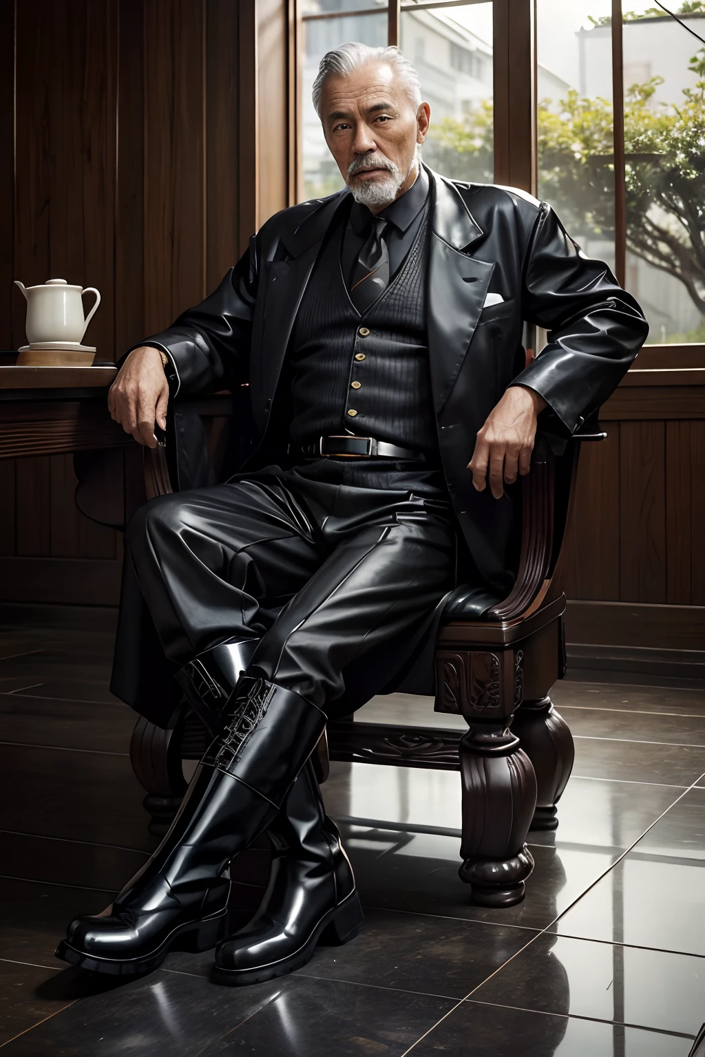 Old gentleman with a goatee，sit on chair，Showing off his boots，Black high-gloss rain boots, 8K resolution,Wallpaper masterpiece，Best quality，Highly meticulous，Ultra high quality，The midday sun is a bit dazzling。