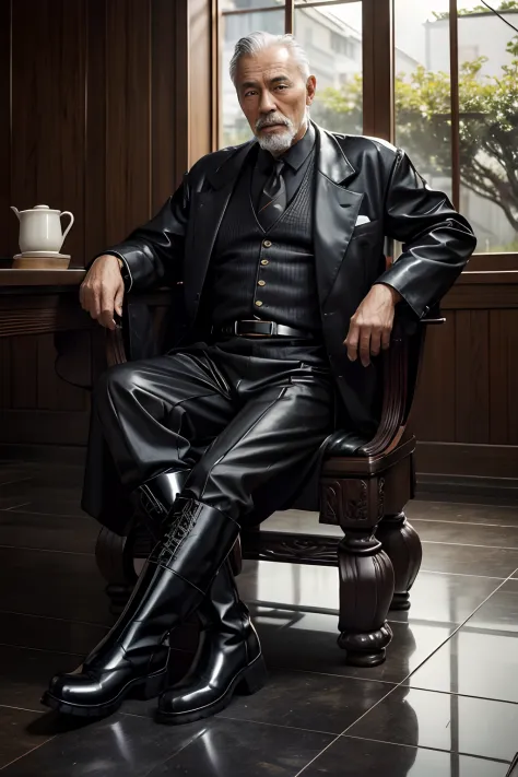 Old gentleman with a goatee，sit on chair，Showing off his boots，Black high-gloss rain boots, 8K分辨率,Wallpaper masterpiece，Best qua...