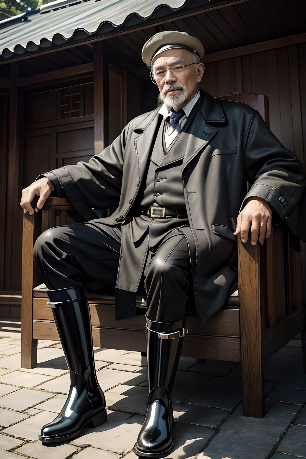 Old gentleman with a goatee，sit on chair，Show off his boots，Black high-gloss rain boots, 8K resolution,Wallpaper masterpiece，Best quality，Highly meticulous，Ultra high quality，The midday sun is a bit dazzling。