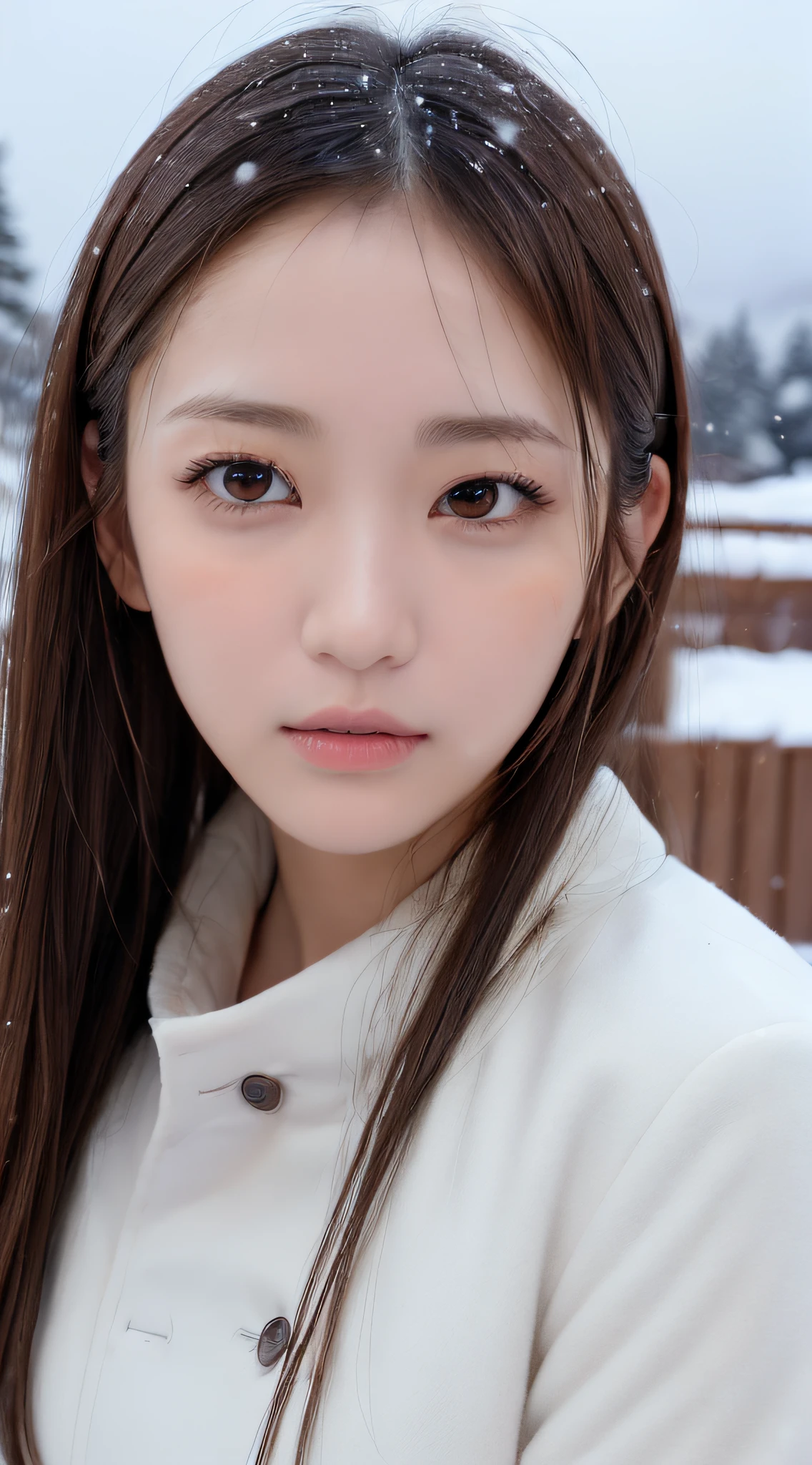 1womanl, (up of face:2.0), light brown hair, Blunt bangs, hair behind ear, hair over shoulder, Long hair, Ultra Fine Face, Thin face, Delicate lips, (beautidful eyes:1.5), thin blush, eyes are light brown,View here, Ultra-thin hands, Ultra-fine fingers, best ratio four finger and one thumb, white longcoat, muffler ,Bay Area, It's snowing ,One-person viewpoint,  8K, masutepiece, nffsw, Super Detail, High quality, Best Quality, hight resolution,