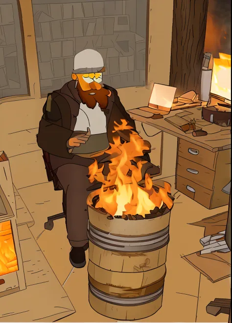 there's a fat man with a Kratos-style beard in an office sitting in a chair with a fire in a barrel, , fogo real, vida real, (melhor qualidade)