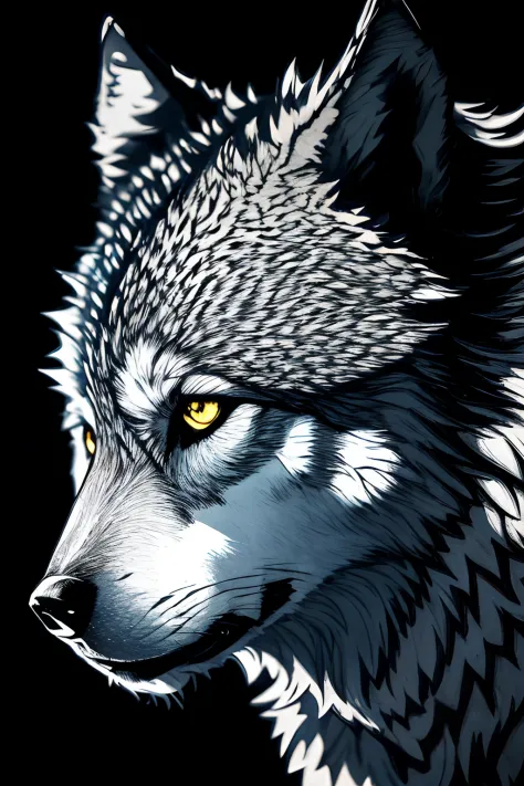 silver metallic ink wolf face only, from side, intricate detailed fur, fluorescent dripping background, mezzotint and carving add gel ink, catch lighting and shadow, intricate detailed texture, 32k resolution, masterpiece,