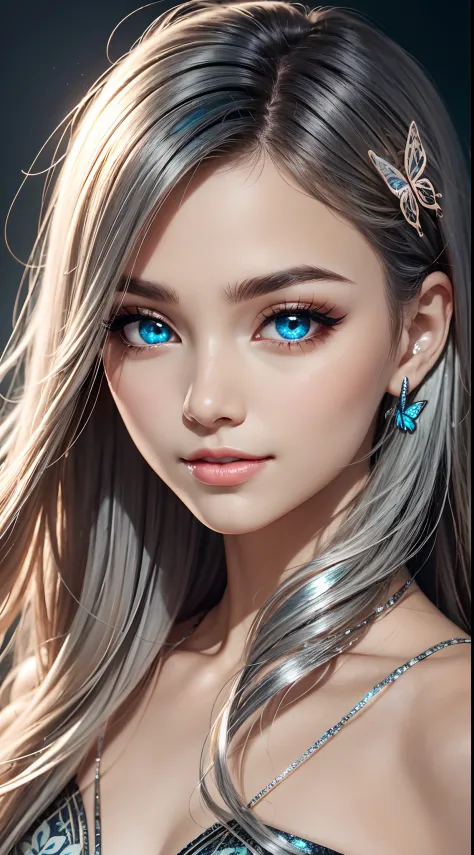 16k high quality wallpapers（Detailed eyes,Long eyelashes,Bright and colorful iris,Expressive eyebrows,Blend eyeshadow perfectly,Eyes sparkle,Reflective eyeballs，Heterochromia），（Silver-blue long-haired girl 0.8 lots of hair 1。3 Delicate hair 1。2）,（Long tran...