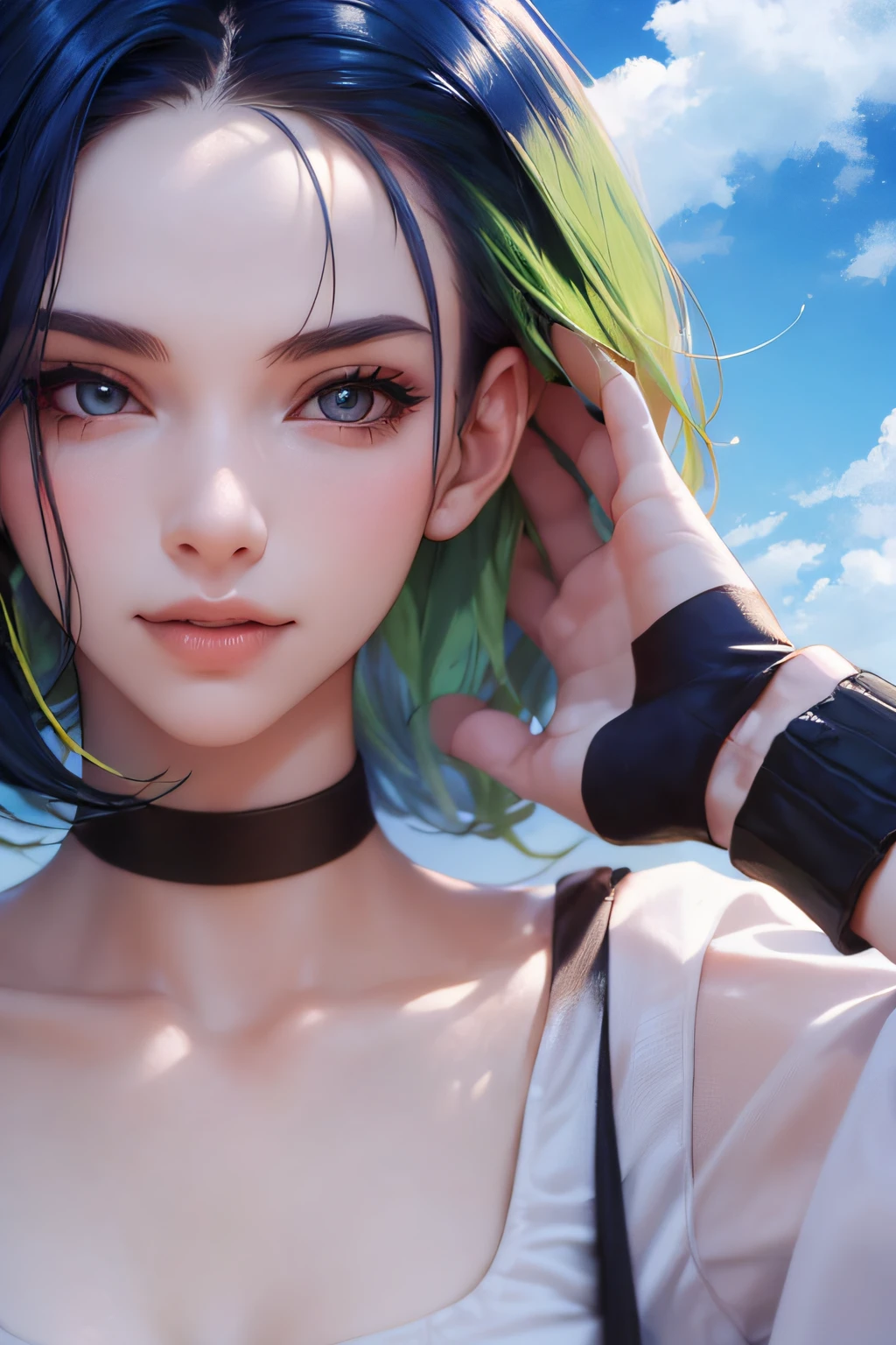 ((1girl)), perfect face, young adult woman, realistic photo, beautiful face, perfect face, masterpiece, ((perrin pokemon)), blue hair, bob cut, multicoloured hair, (background: blue sky), full body,