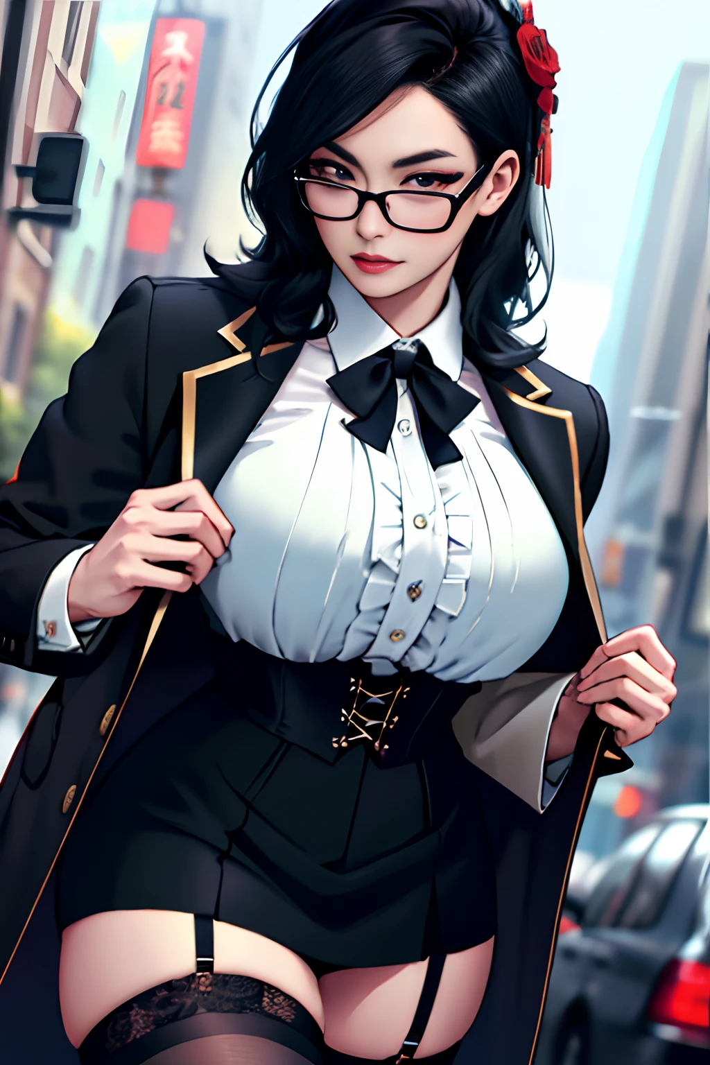 Best quality, Masterpiece, Debauchery secretary, Wearing glasses, Big tight, breast enhancement, Wear corsets and stockings, Ultra-high resolution,Detailed background,Realistic,hades style,独奏,woman,mature,Only,mature,breast enhancement, Female, Long black hair, \(theme\),Dark fantasy,Evil,Depth of field