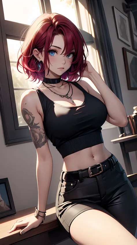 (masterpiece), best quality, a girl sitting close to a window, emo, emo girl,sadgirl, red hair,cute, tatto, close up,short hair, blue eyes, black clothes, sensual, (glowing eyes), asthetic,style, stylish, piercing, happy,naughty, mischevious,  smug, superi...