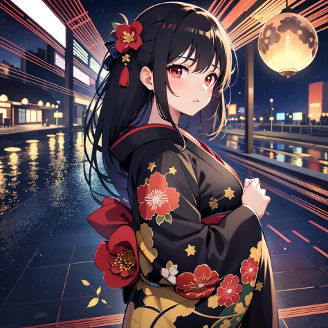 This is a picture of a girl wearing a kimono under the night sky, masterpiece, 8k, ultra detailed, top quality, best quality, high resolution, very highly detailed night sky background, very highly detailed background, full body view, black hair, tsundere,...