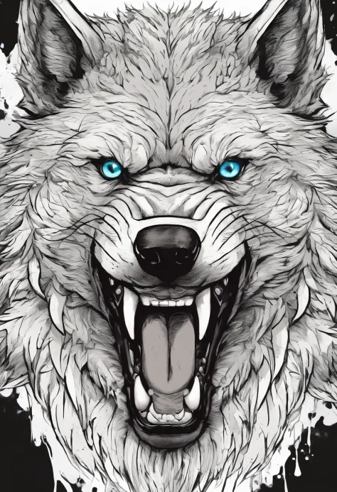 Description: Angry wolf, with details of drool coming out of the mouth, large and sharp teeth, less detailed fur, just the wolf's head, manga style
Characteristics: it must be in high definition, saliva coming out of the mouth and he is very angry
Color: B...