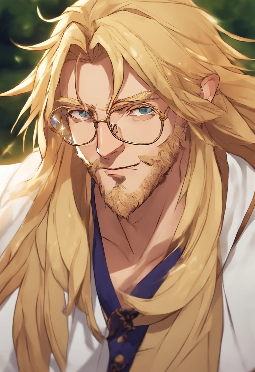 A close up of a man with long blonde hair and glasses - SeaArt AI