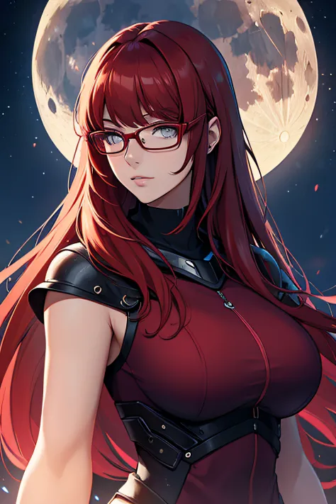 woman, red hair, glasses, perfect face, futuristic clothing, alone, moon atmosphere, high quality, big breasts