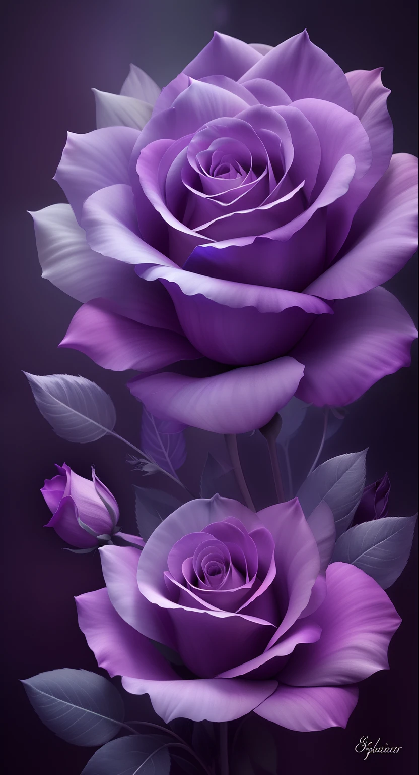 purple roses with leaves and buds on a dark background, magic flowers, translucent roses ornate, brilho roxo suave, Rosses, flores detalhadas, Purples, flores elegantes, incrivelmente bonito, tons de roxo, Roses, tons roxos, ✏️🎨, arte bonita, flores roxas, black and purple rose petals, rosas esfumadas abstratas, beautiful depiction, bela arte digital, roxo brilhante