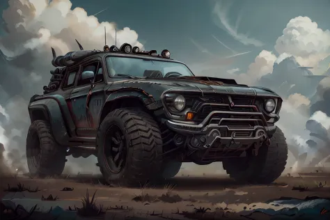 Create a cinematic, filmic image 4k, 8k with [George Miller's Mad Max style]. The image should be captured in a [wide-angle view] and depict [single] a [post-apocalyptic]  V8 [muscle car]. The car's paint is a [black] covered in a spots of [rust] and thin ...