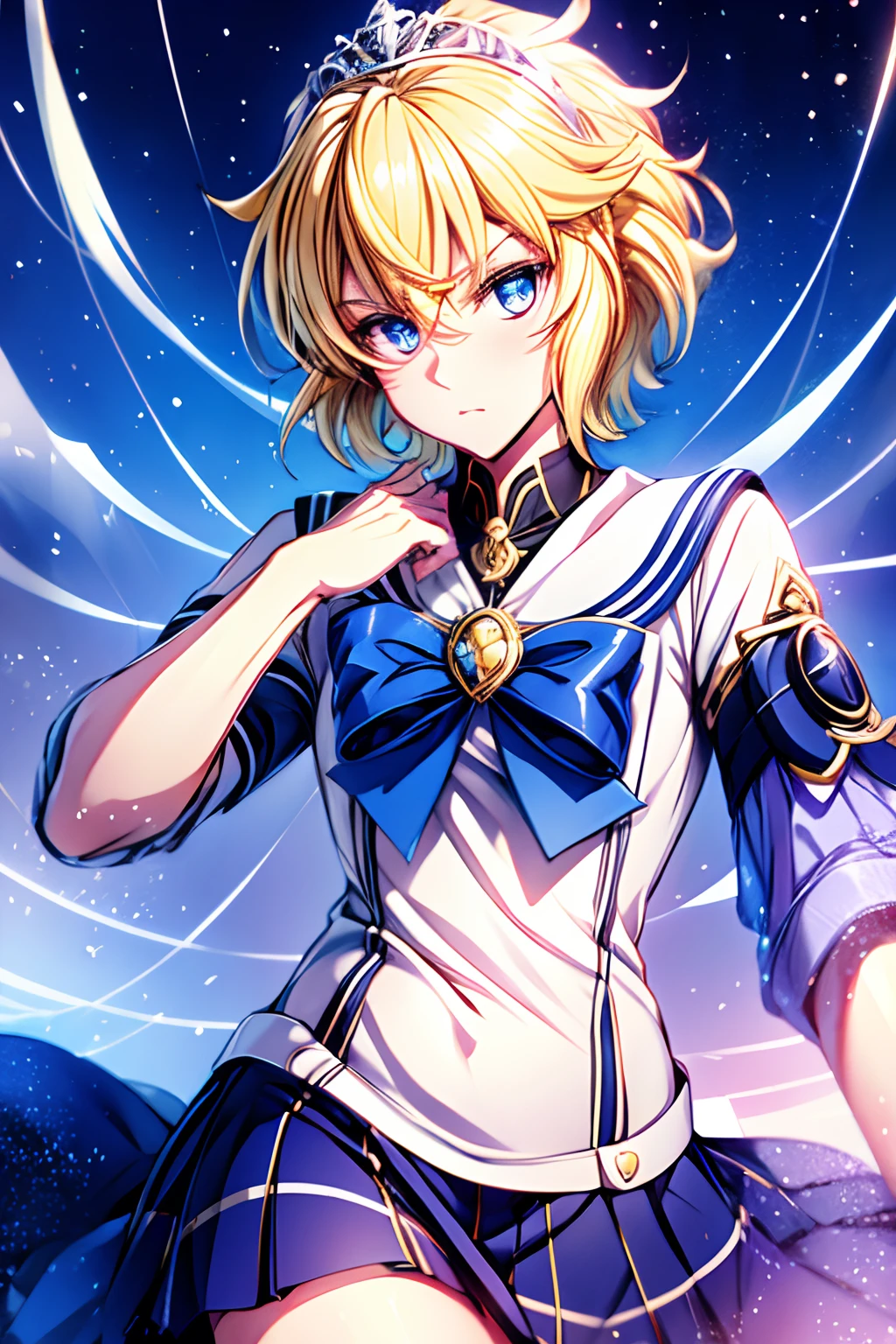 "(Best Quality,4k,8K,hight resolution,Masterpiece:1.2),(Masterpiece), Best Quality, expressive eyes, a perfect face, male, 1boy,solo, sailor moon dress, blue skirt, tiara with a heart in the middle, blusher, seifuku, Michaela, Mikaela Hyakuya, Michaela's outfit, blonde, blue eyes, Short hair, blusher