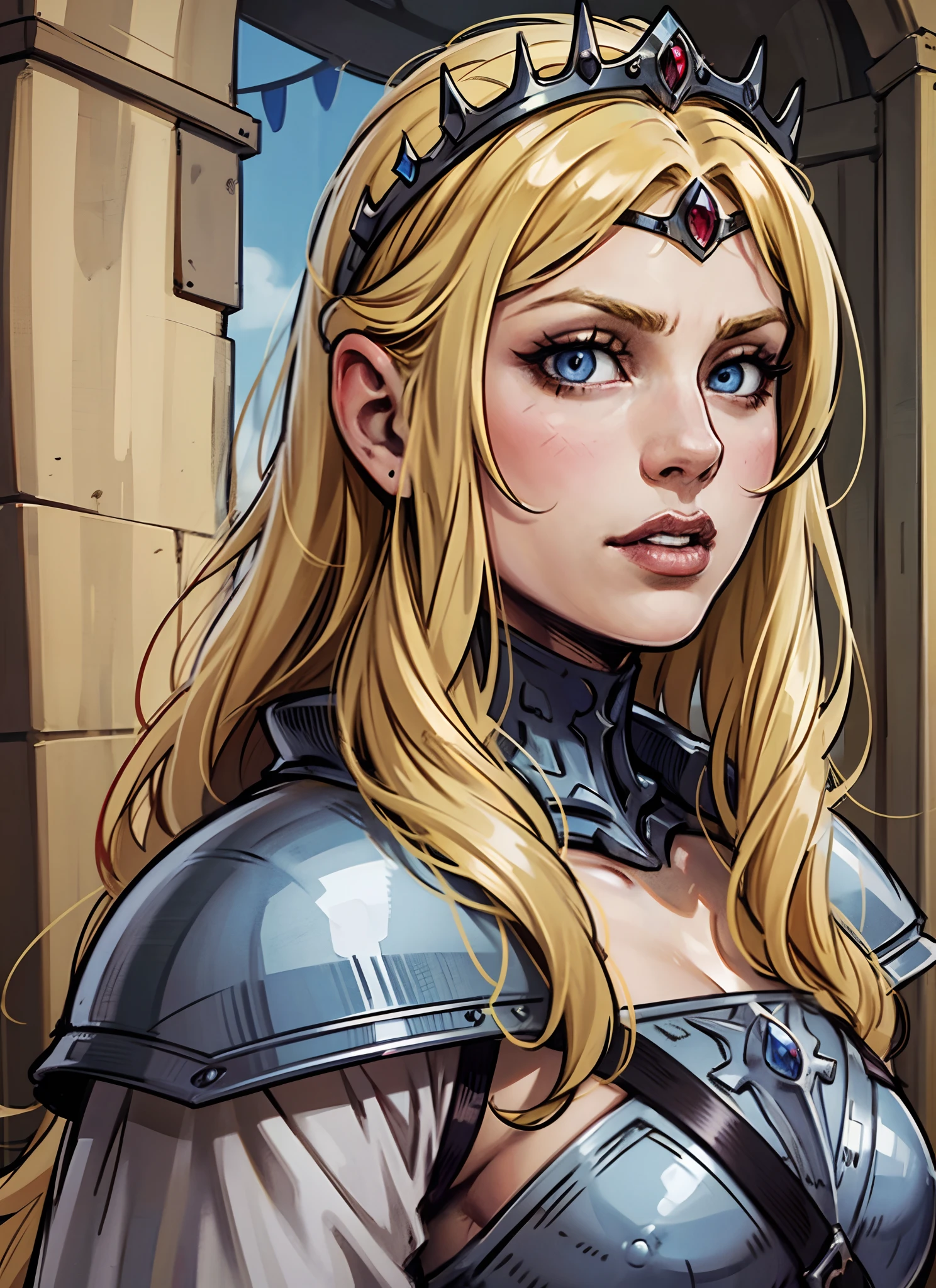 Medieval princess blond hair, blue eyes, tiara on head, wearing black armor, medieval times, early middle ages, dark ages, high detail face, 8k --auto --s2