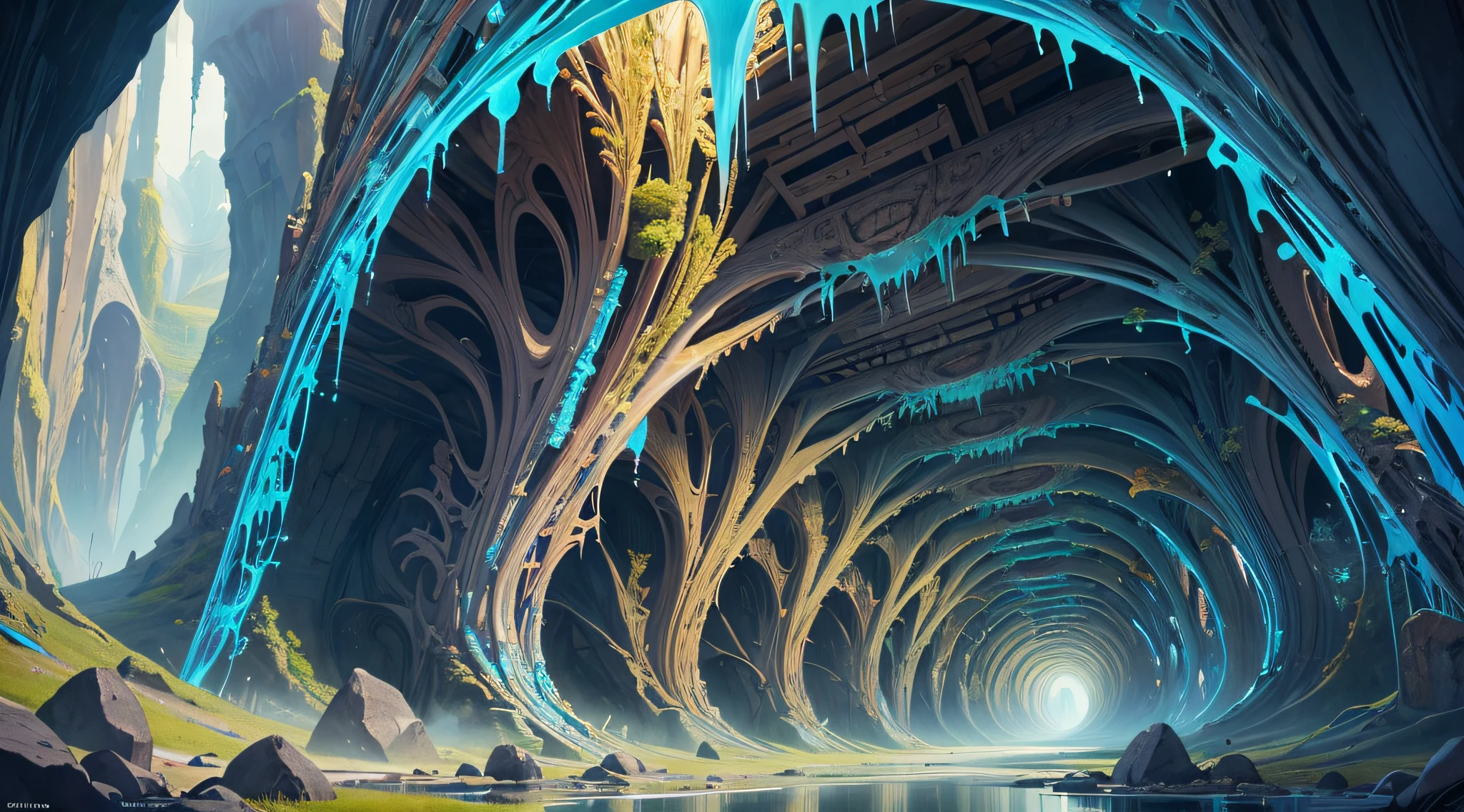 (masterpiece, top quality, best quality, official art, beautiful and aesthetic:1.2), extreme detailed,(fractal art:1.3),colorful,highest detailed in ultra detailed complex biomechanical hr geiger cave filled with rocks and stones and stalagmites and crystals, puddle,(best-quality:0.8), (best-quality:0.8), perfect anime illustration,(turbine:1.2),