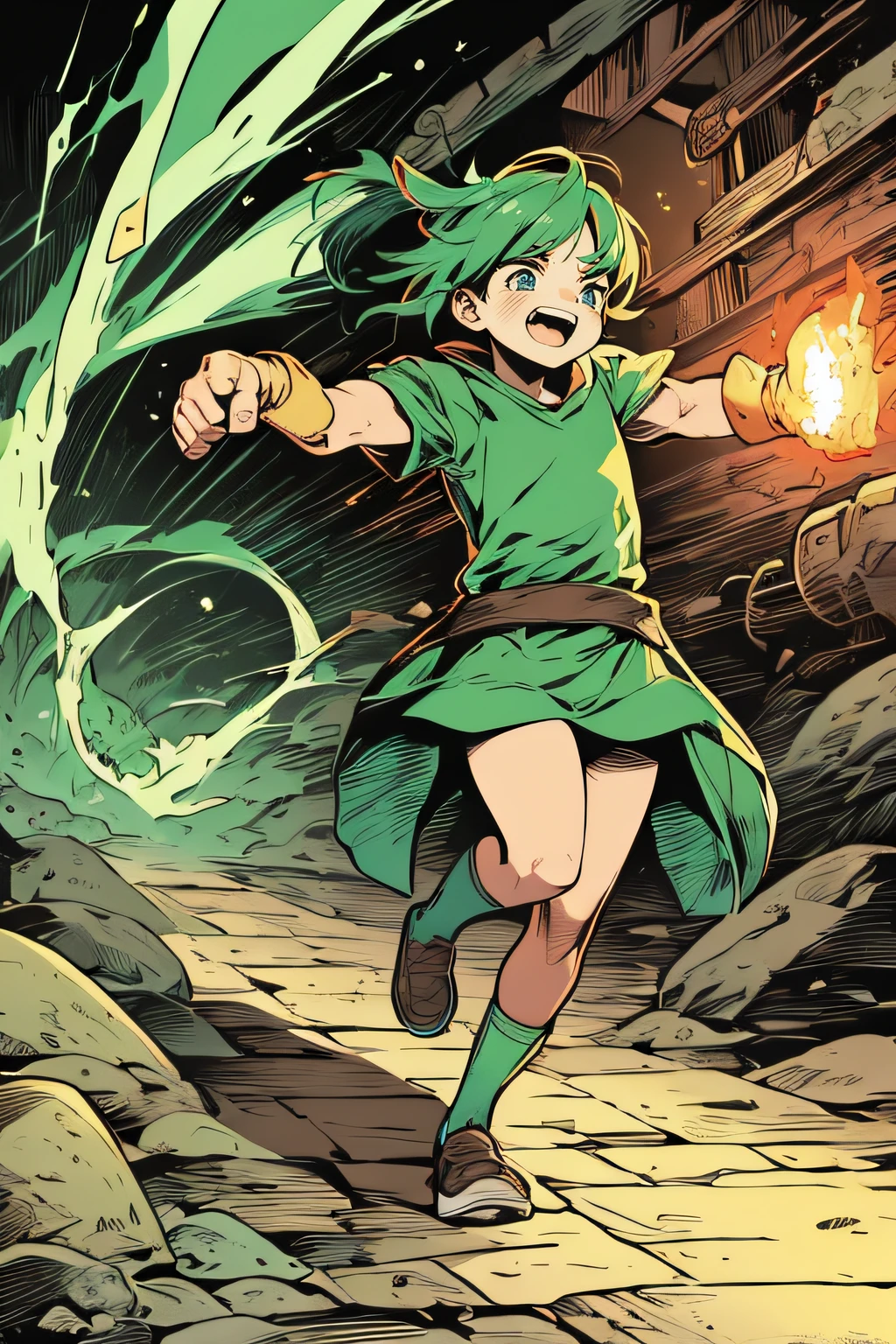 穿越地狱的小强盗女孩、綠色服裝、綠色火焰