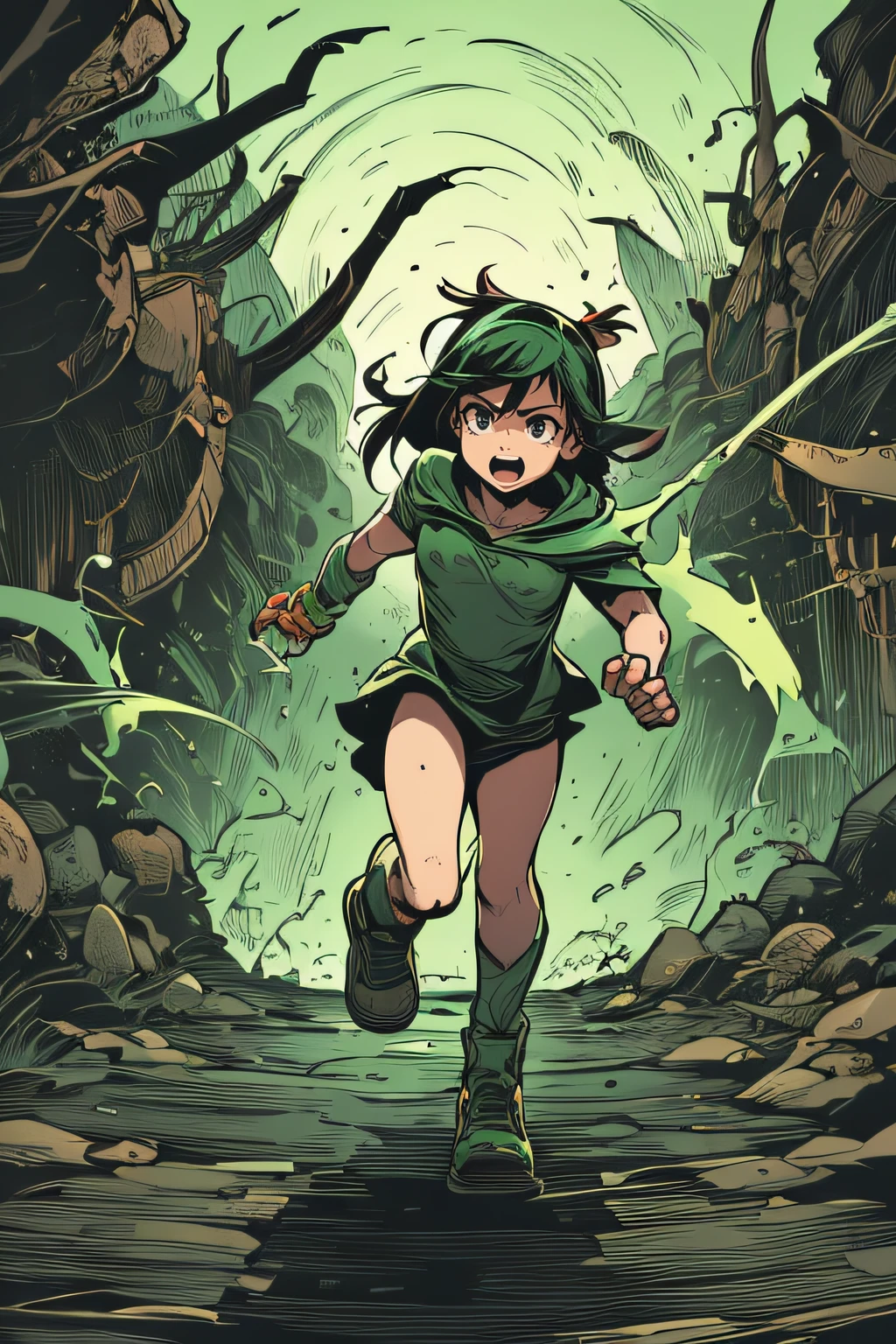 穿越地狱的小强盗女孩、綠色服裝、綠色火焰