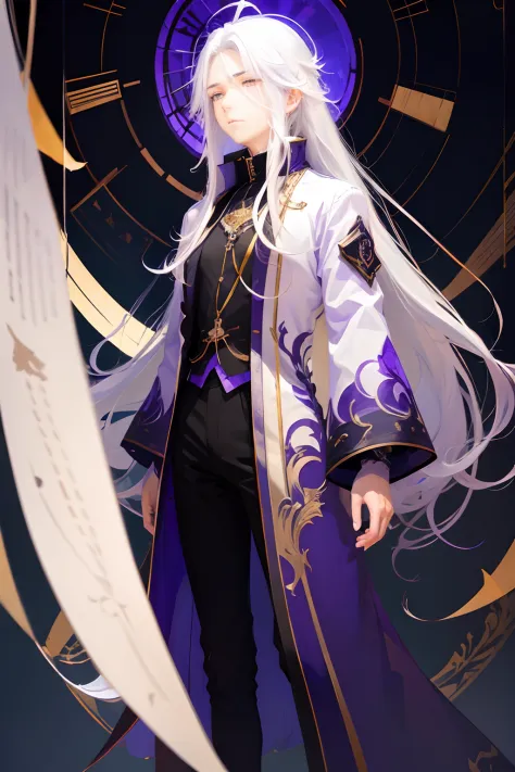 1boy anime male man white hair long hair purple eyes blue background looking at camera occult dream floating full body peaceful