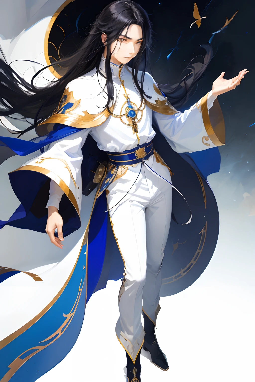 1guy 1man anime male man black hair long hair blue eyes looking at camera priest dream floating full body white clothes white shirt white pants white boots white cape