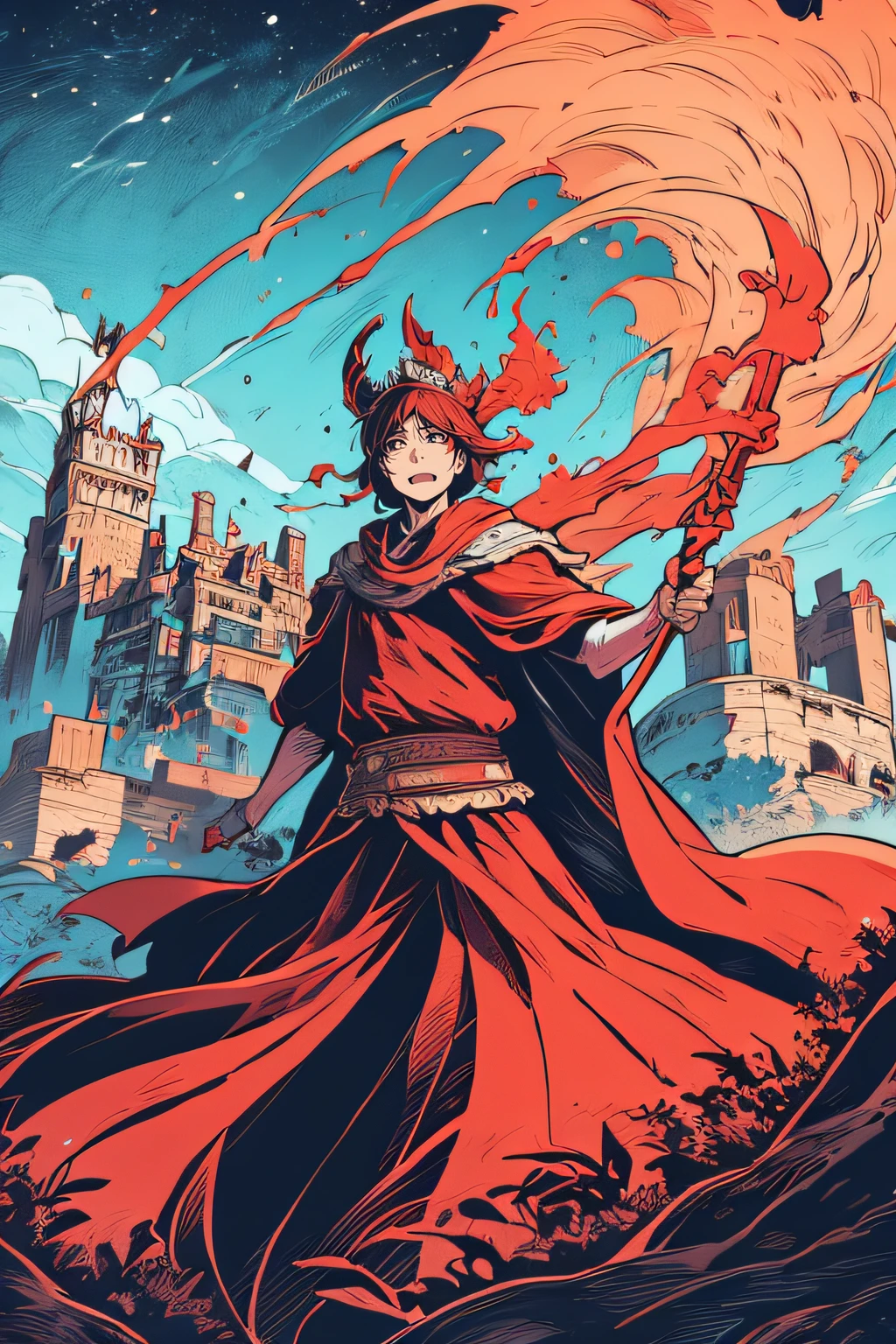 König der Krone、Blick nach vorne、rotes Kostüm、Schloss im Hintergrund、Hellblaue Flamme