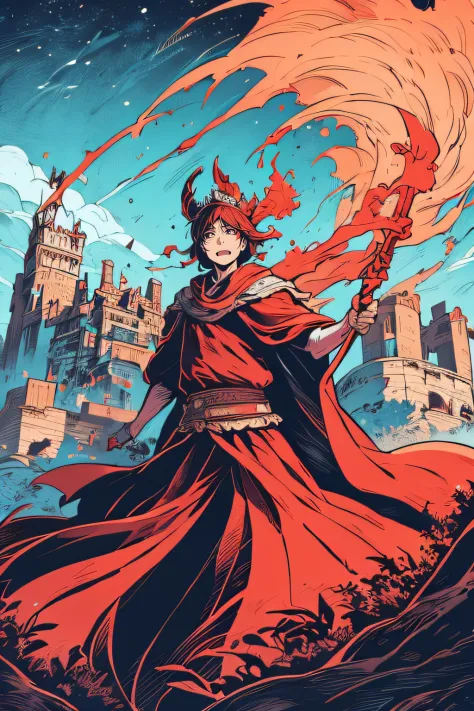 King of the Crown、Facing the front、Red costume、castle in background、Light blue flame