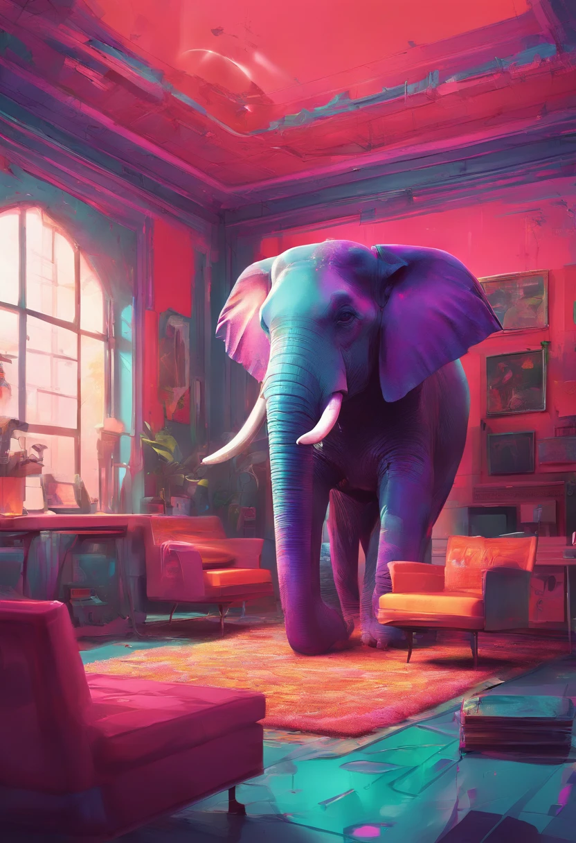 brightly colored furniture in a brightly colored room with a large elephant statue, perfect maximalistic composition, inspired by Mike Winkelmann, surreal sci fi set design, with cinematic colour palette, in the art style of filip hodas, retro futuristic apartment, hypermaximalism, verner panton, inspired by Filip Hodas, bladerunner apartment