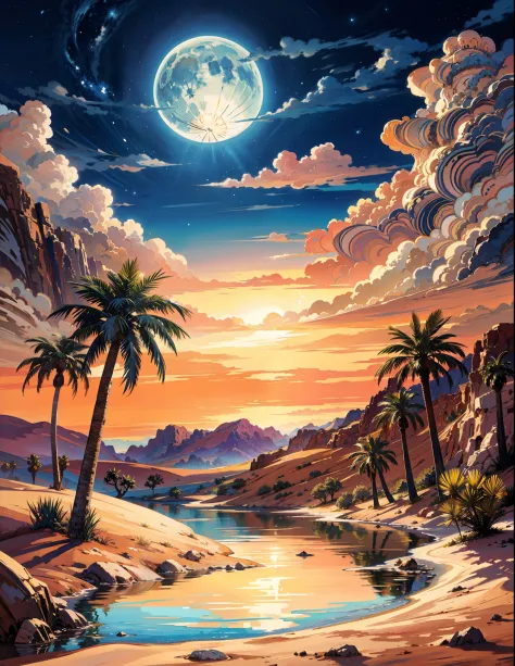 painting of a desert with a beautiful oasis, beautiful art uhd 4 k, starry night,moon, clouds,a beautiful artwork illustration, ...