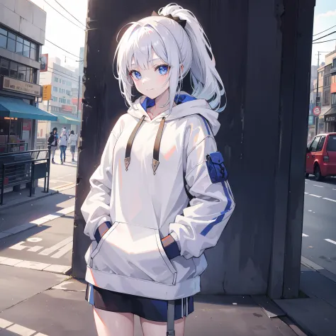 1girll, Small breasts,stitched face, patchwork skin, Closed mouth, Long_Hair, Light smile,City,street, White high ponytail hair, ,stitched_face,Patchwork_skin,Cowboy shot,( Hoodie),(Hand in pocket),Wear a sweatshirt underneath