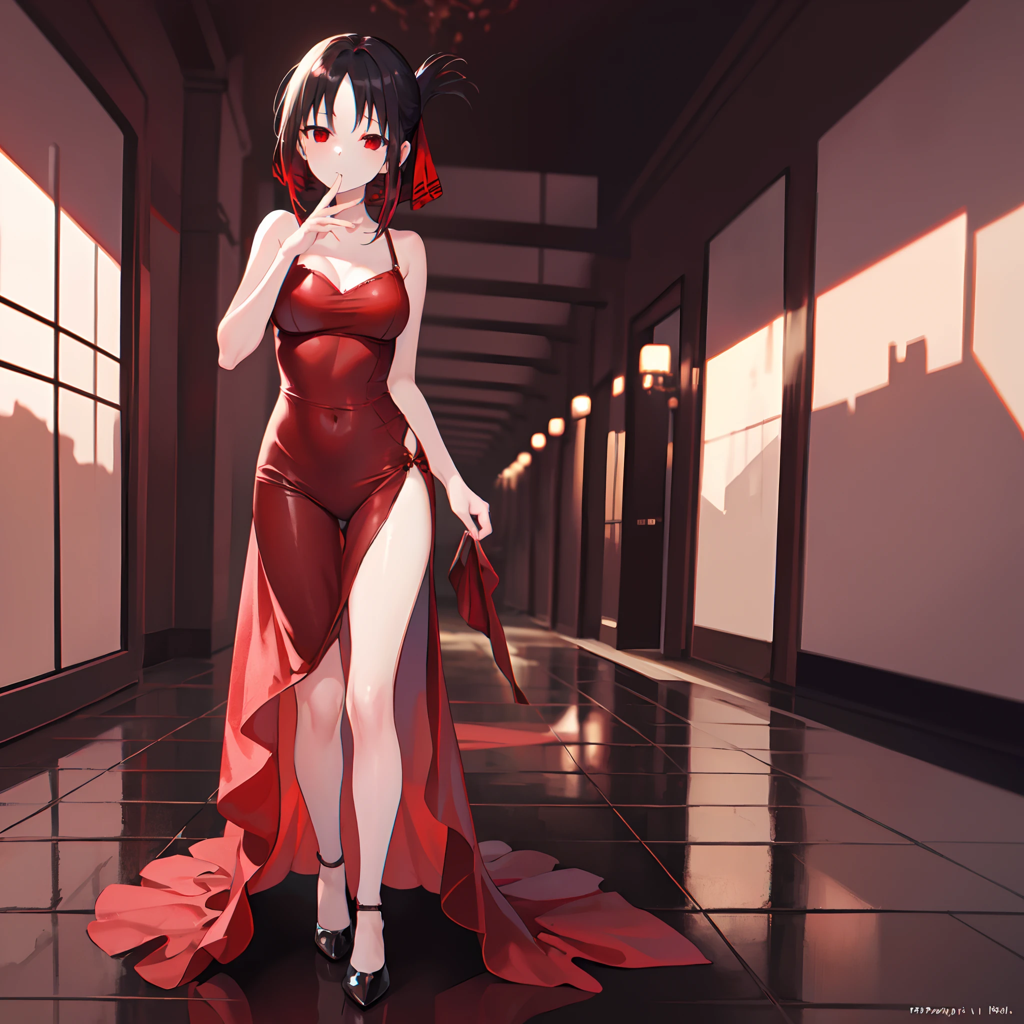 (masterpiece, best quality), 8k, 1girl, intricate details, thin, ((slim)), perfect face, expressive eyes, (red eyes:1.5) white skin, standing upright, full_body, kaguya shinomiya wearing a split thigh formal red dress, material silk, open toe red heels, natural_hair, 1girl, sole_female