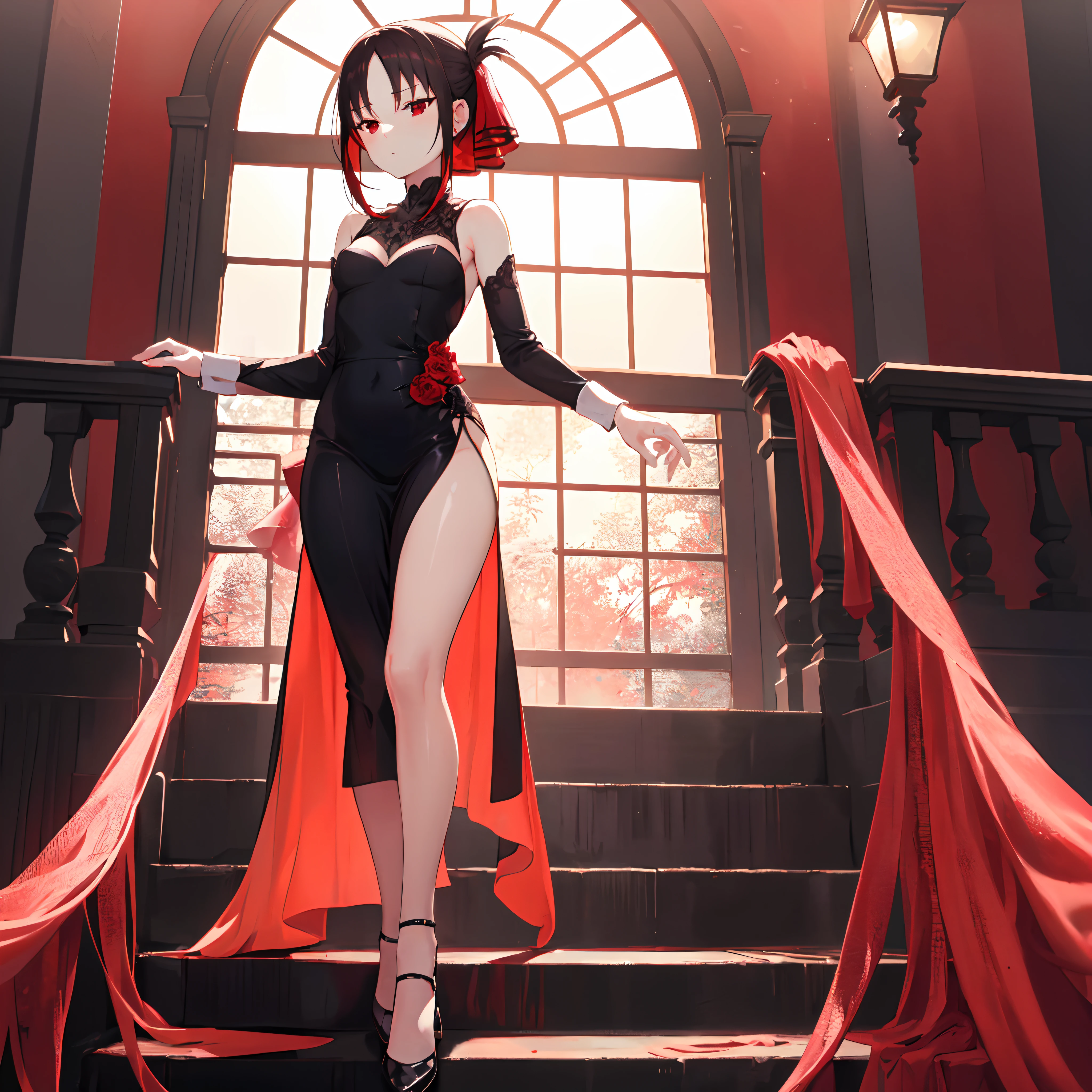 (masterpiece, best quality), 8k, 1girl, intricate details, thin, ((slim)), perfect face, expressive eyes, (red eyes:1.5) white skin, standing upright, full_body, kaguya shinomiya wearing a split thigh formal red dress, material silk, open toe red heels, natural_hair, 1girl, sole_female