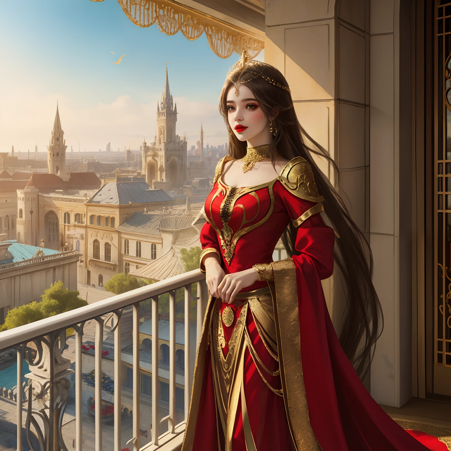 Araffe Frau im roten Kleid steht auf einem Balkon mit einer Stadt im Hintergrund,Palast kunstvolle Dekorationen, eine wunderschöne Fantasiekaiserin, glamouröser Look