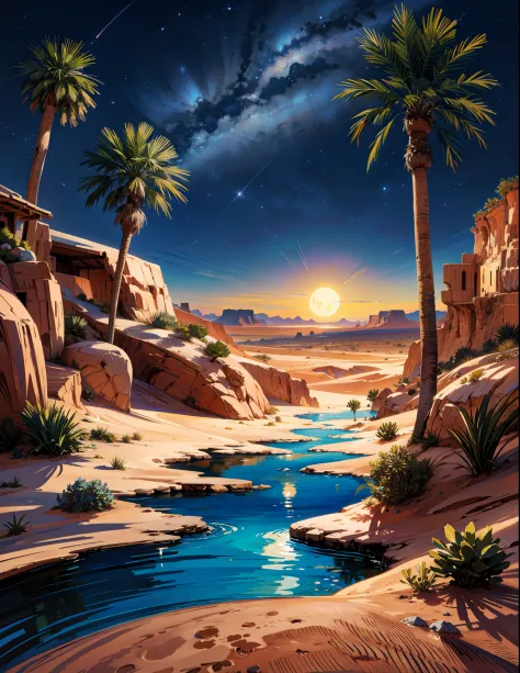 painting of a desert with a beautiful oasis, beautiful art uhd 4 k, starry night,moon,a beautiful artwork illustration, beautifu...