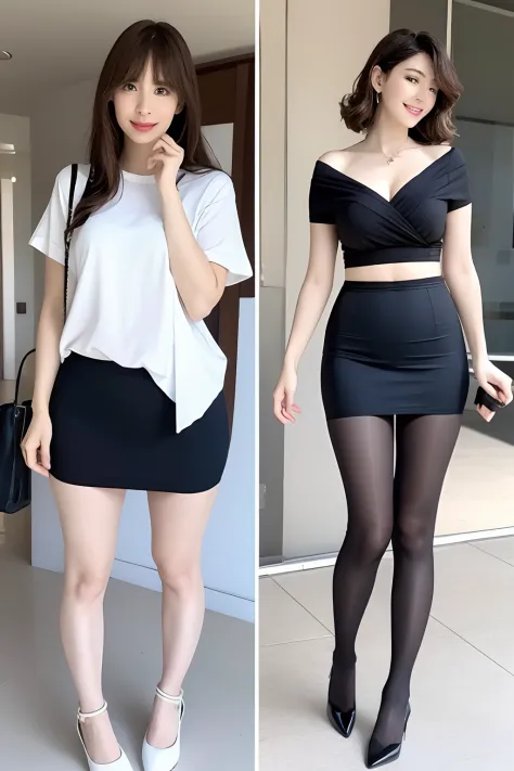 Short sleeve、Skirt lift、Show off panties、Panties under pantyhose、Shiny  tight skirt、Turn up your skirt、Long body、A slender、Inside the city、adult  woman、adult lady、skin-tight、Show your pants - SeaArt AI