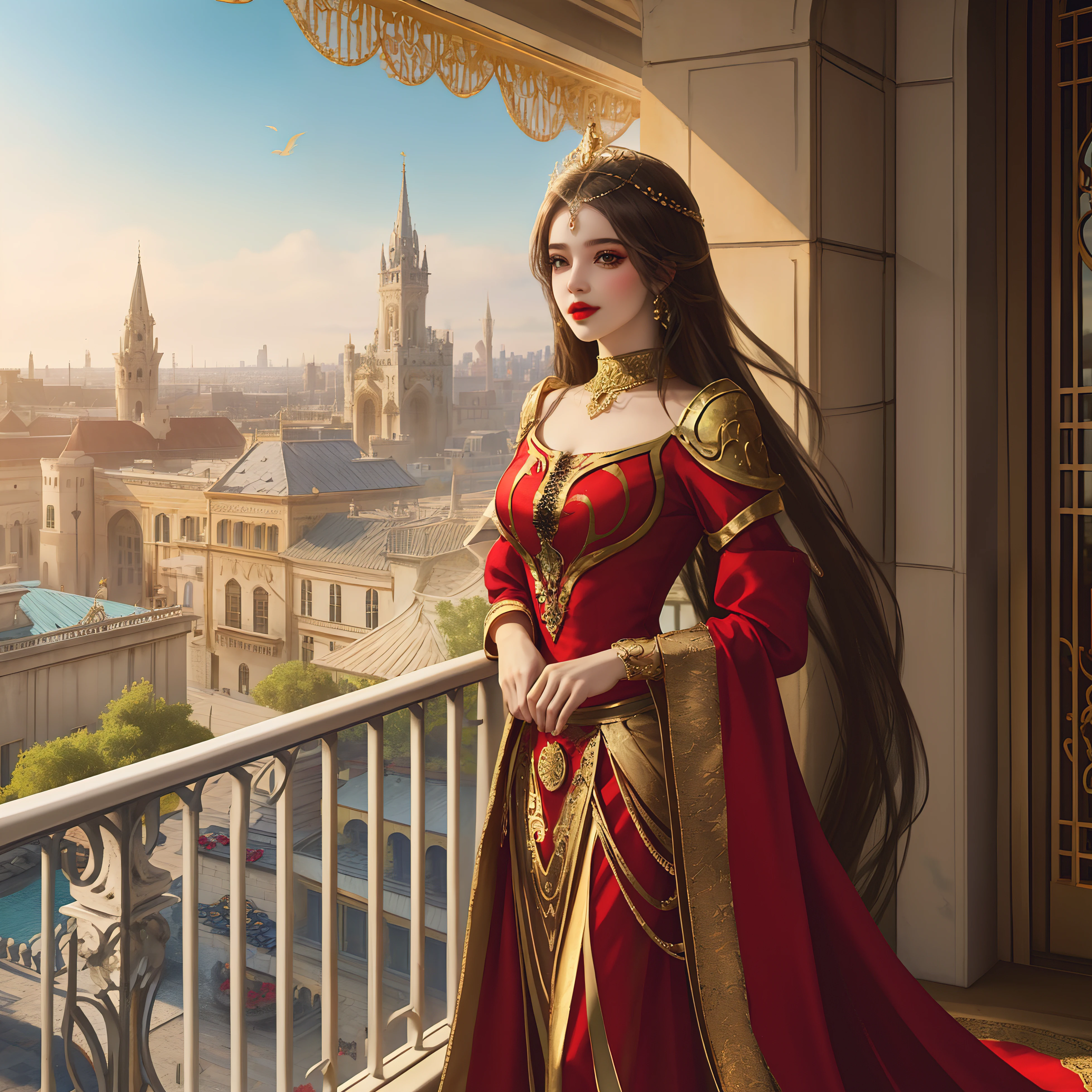 Araffe Frau im roten Kleid steht auf einem Balkon mit einer Stadt im Hintergrund,Palast kunstvolle Dekorationen, eine wunderschöne Fantasiekaiserin, glamouröser Look