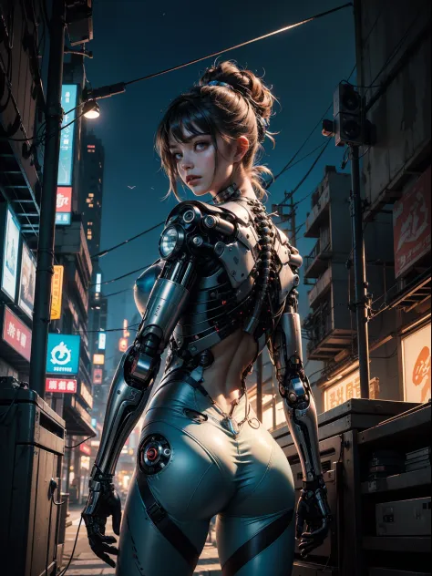 ((1 cybernetic girl facing camera)) (mechanical made limbs s:1.2),((mechanical limbs)),(blood vessels connected to tubes),(mechanical vertebra attaching to back),((mechanical cervical attaching to neck)),expressionless,(wires and cables attaching to neck:1...
