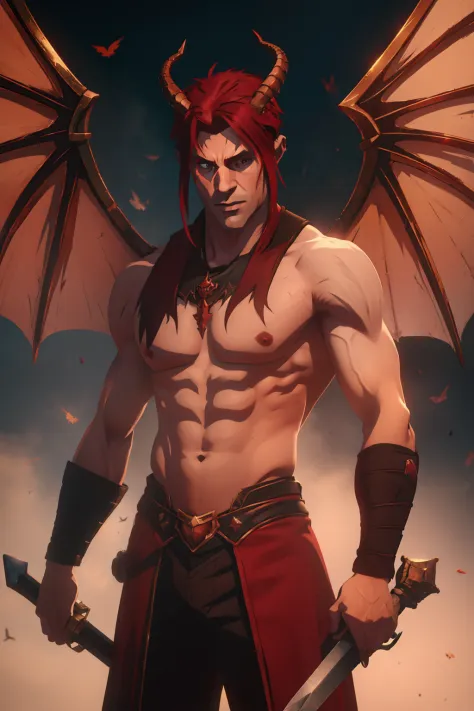 horns,red hair,man, handsome, muscular, sword,fantasy, sexy, dragon wings, art,magic, high resolution, young, young