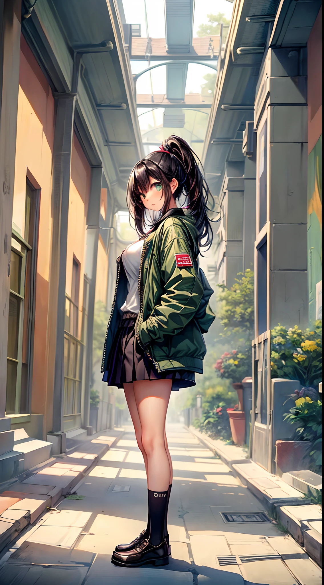 /(pathway in  a park/), (masterpiece, best quality:1.4), 1girl, solo, petite, (an extremely beautiful and delicate), green eyes,  long black hair, medium hair, hair between eyes, ponytail, medium breasts, puffy jacket,open shirt, black skirt, kneehigh socks, loafers, indoors, office, cleavage, closed_mouth, large_breasts,undersized clothes, long_hair, looking_at_viewer, navel, signature, solo, posing,thighs, tall female, on back, narrow waist, naughty face, flustered, surprised,(masterpiece, best quality:1.4),high quality, highly detailed,detailed,perfect,standing,leaning over,from the side