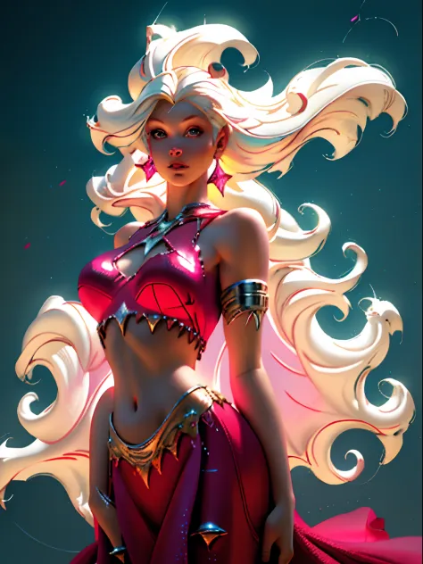 blond woman with white hair and glowing lights in a pink dress, beautiful digital artwork, fantasy gorgeous lighting, gorgeous d...