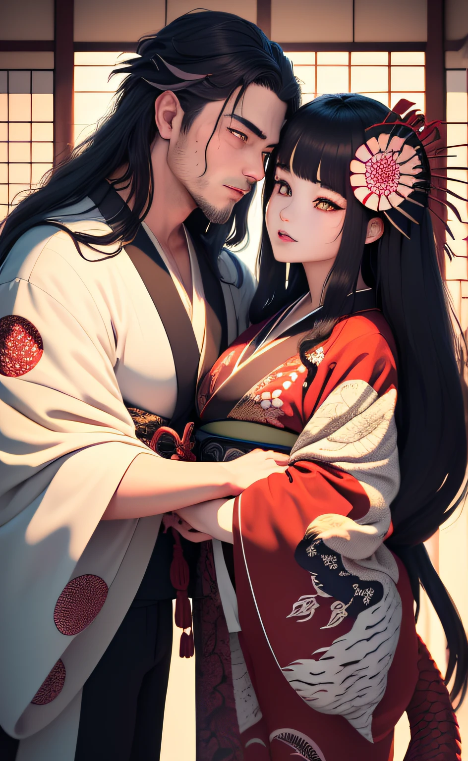 ((Mejor calidad)), (Súper detalle), (Ilustración generada por computadora), (Muy malo y hermoso)), luz cinematográfica
,(fotorrealista: 1.3), obra-prima, Mejor calidad, (detalles intrincados: 1.2), (escena: 1.3), Rostro bonito, (tema negro: 1.3), pareja, (((1chico1chica, Una pareja de pelo largo al estilo japonés que lleva un kimono con estampado de dragón de ojos rojos y sostiene un abanico a la altura de la cara.))), (tatuaje de cara: 1.2), ((pequeño cuerno oni)), cuerpo entero
