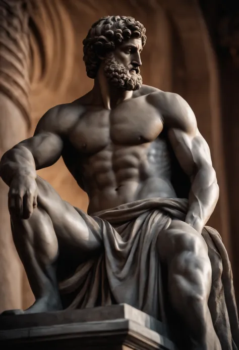 hercules style stoic greek statue with cinematic dark background 8k