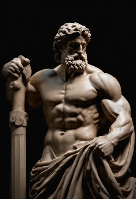 Stoic Greek statue Hercules style with muscles highlighted dark  background