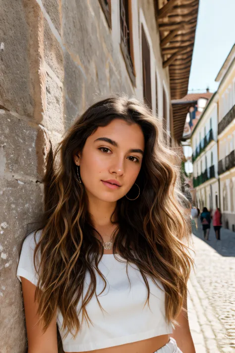 Photography of Lia, wearing a trendy Gen-Z influencer outfit, with her wavy hair flowing freely, leaning against the rustic walls of a traditional Lisbon building. She looks into the camera with her symmetrical hazel eyes, capturing the essence of her Port...