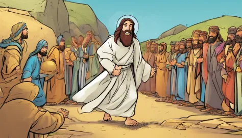 Create a cartoon where Jesus comes out of the tomb with a cheerful and animated expression.