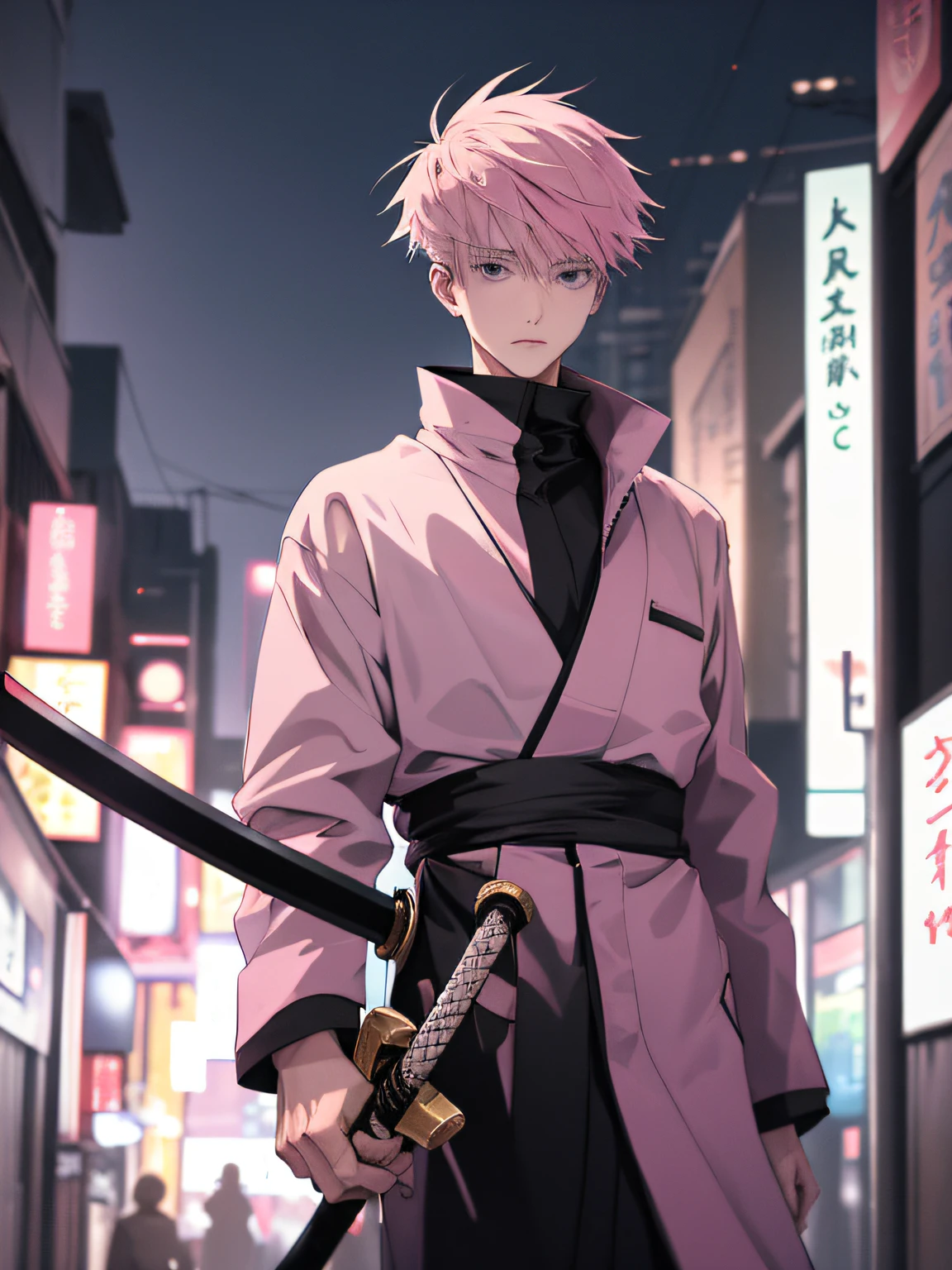 (masterpiece), best quality, highest quality, man, teenager, tall man, short pink hair cut, black eye, white kimono with black skirt and overcoat, katana in hands, cursed spirits in the background, Tokyo city blurred