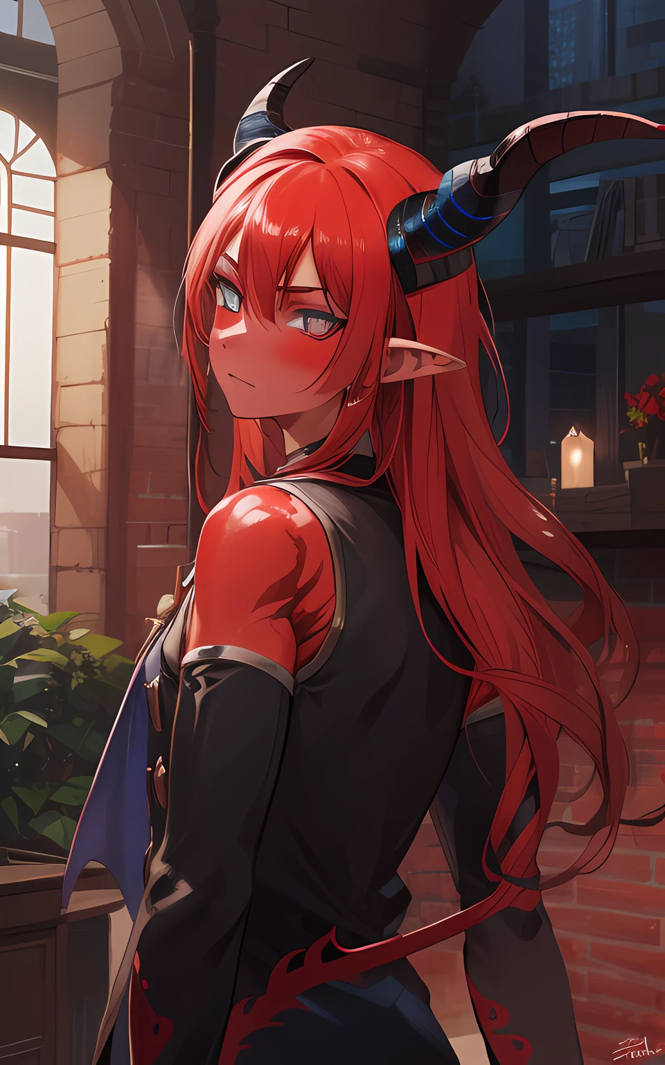 sehele style, anime style, (((tiefling))) warlock with (((crimson red skin))) and (((blue, smoldering eyes))). He (((horns curve elegantly backwards))), 8k, 4k, Unreal Engine 5, octane render, trending on pixiv, fanbox, skeb, masterpiece, smooth soft skin, big dreamy eyes, beautiful intricate colored hair, anime wide eyes, soft lighting, concept art, digital painting,