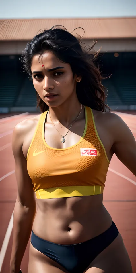 beautiful mature Indian college girl, in track outfit, outside on track field, ((slim, petite)), photorealistic, photo, masterpiece, realistic, realism, photorealism, high contrast, photorealistic digital art trending on Artstation 8k HD high definition de...