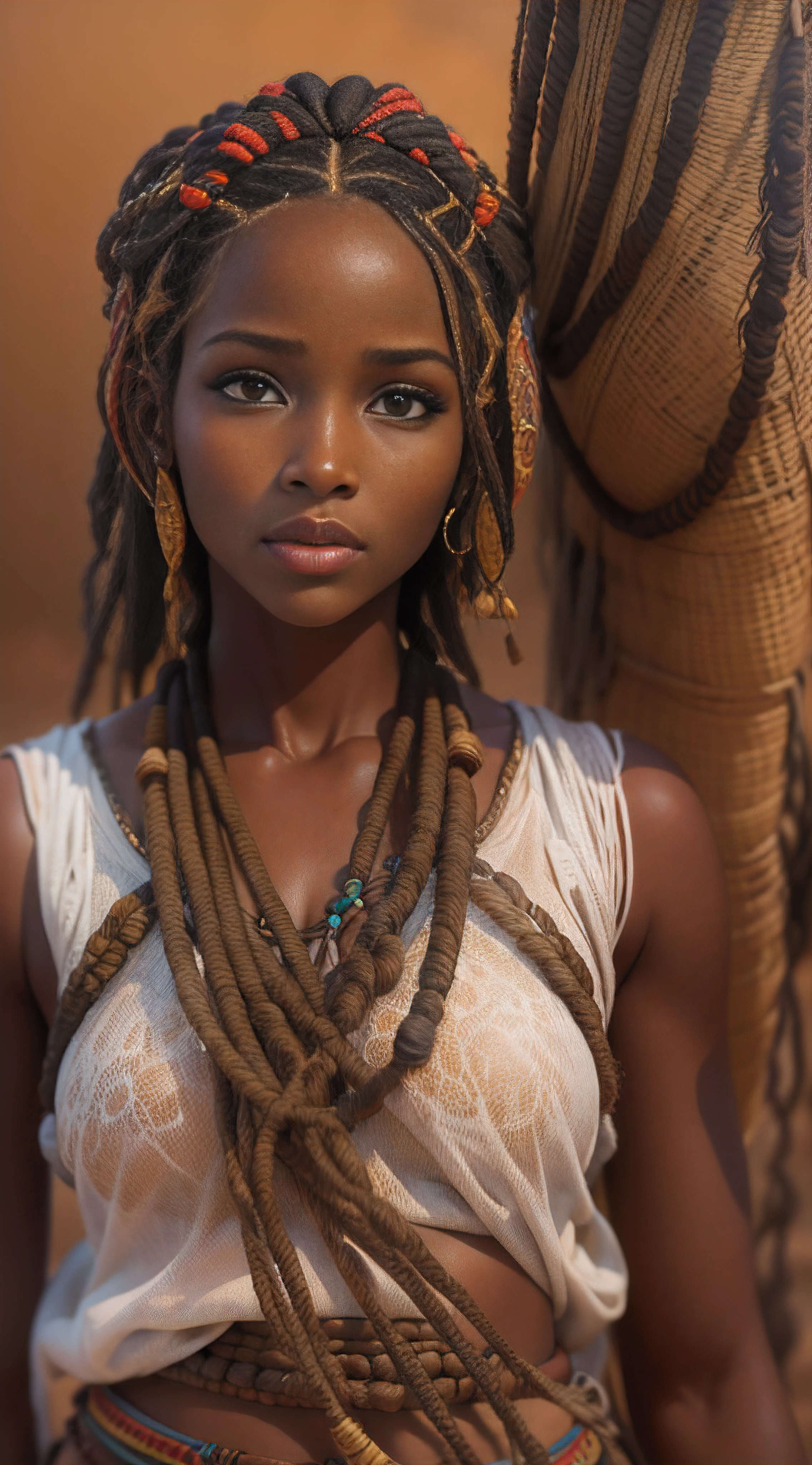 A cute hot african woman tribe himba in african plains, thick jumbo braids, brown skinned stunningly beautiful Girl, brown light eyes detailed, Photograph captured using a Canon 6D Mark II with an 85mm lens at f/ 4 and ISO, chiaroscuro, Glamour shot, award - winning photograph, detailed skin texture, sharp focus, dramatic lighting, post - processed film grain, painting, drawing, illustration, render, 3d render